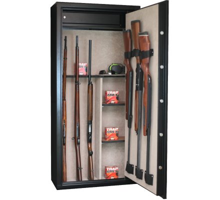 Armoire 11 armes avec lunette + 3 armes dans la porte et coffre intérieur avec étagères amovibles INFAC SAFE