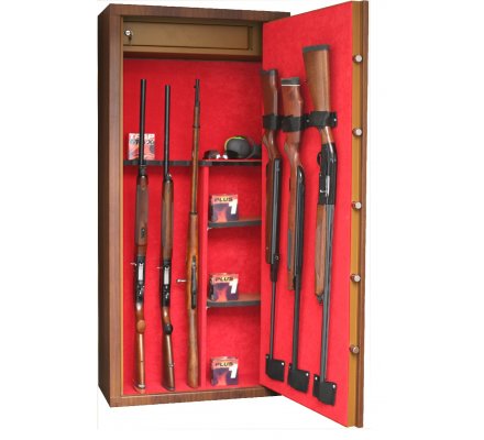  Armoire 11 armes avec lunette et 3 dans la porte avec coffre intérieur et étagères amovibles couleur bois INFAC SAFE