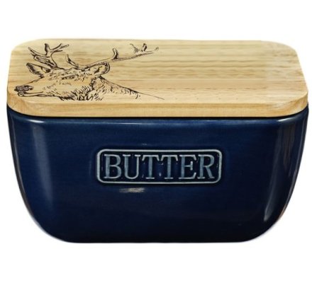 Beurrier céramique bleu et bois gravure cerf