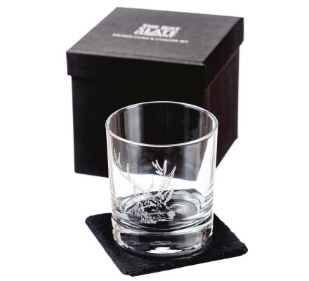 Verre à Whisky Tumbler gravure cerf avec sous verre