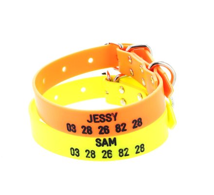 Collier gravé PVC petit chien jaune fluo