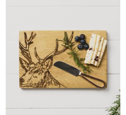 Plateau à fromage en bois motif cerf et son couteau