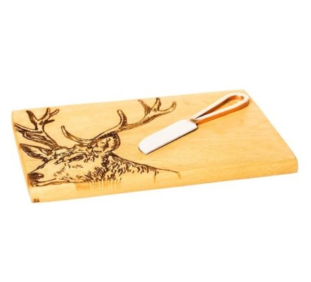 Plateau à fromage en bois motif cerf et son couteau