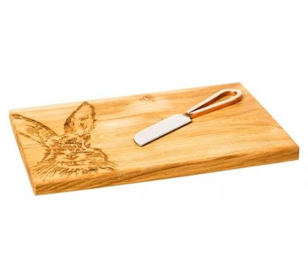 Plateau à fromage en bois motif lièvre et son couteau