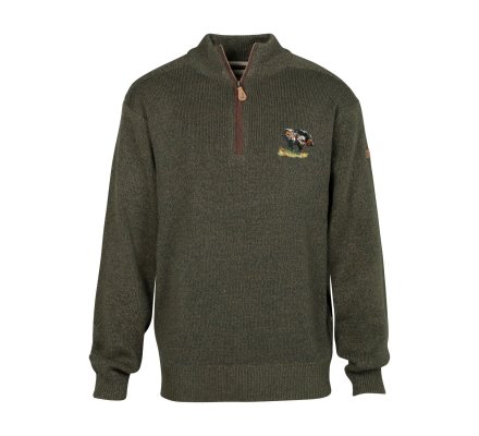 Pull de chasse col zippé kaki broderie Sanglier Percussion