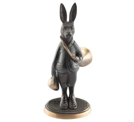 Statuette lièvre avec trompe de chasse en bronze