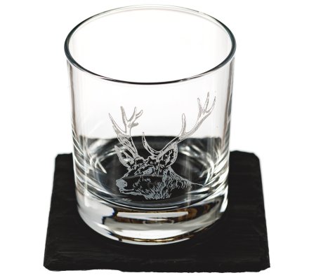 Verre à Whisky Tumbler gravure cerf avec sous verre - 18244