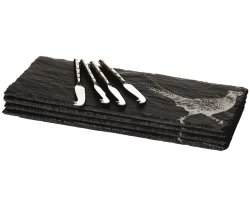 Coffret de 4 ardoises à fromage motif faisan et couteaux
