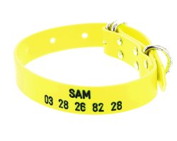 Collier gravé PVC petit chien jaune fluo 1