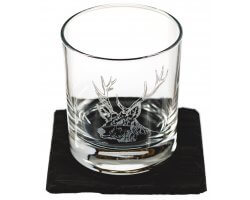verre a whisky tumbler gravure cerf avec sous verre